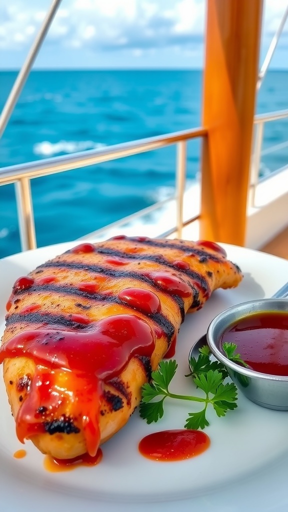 Grilled barbecue chicken served on a yacht with ocean views.